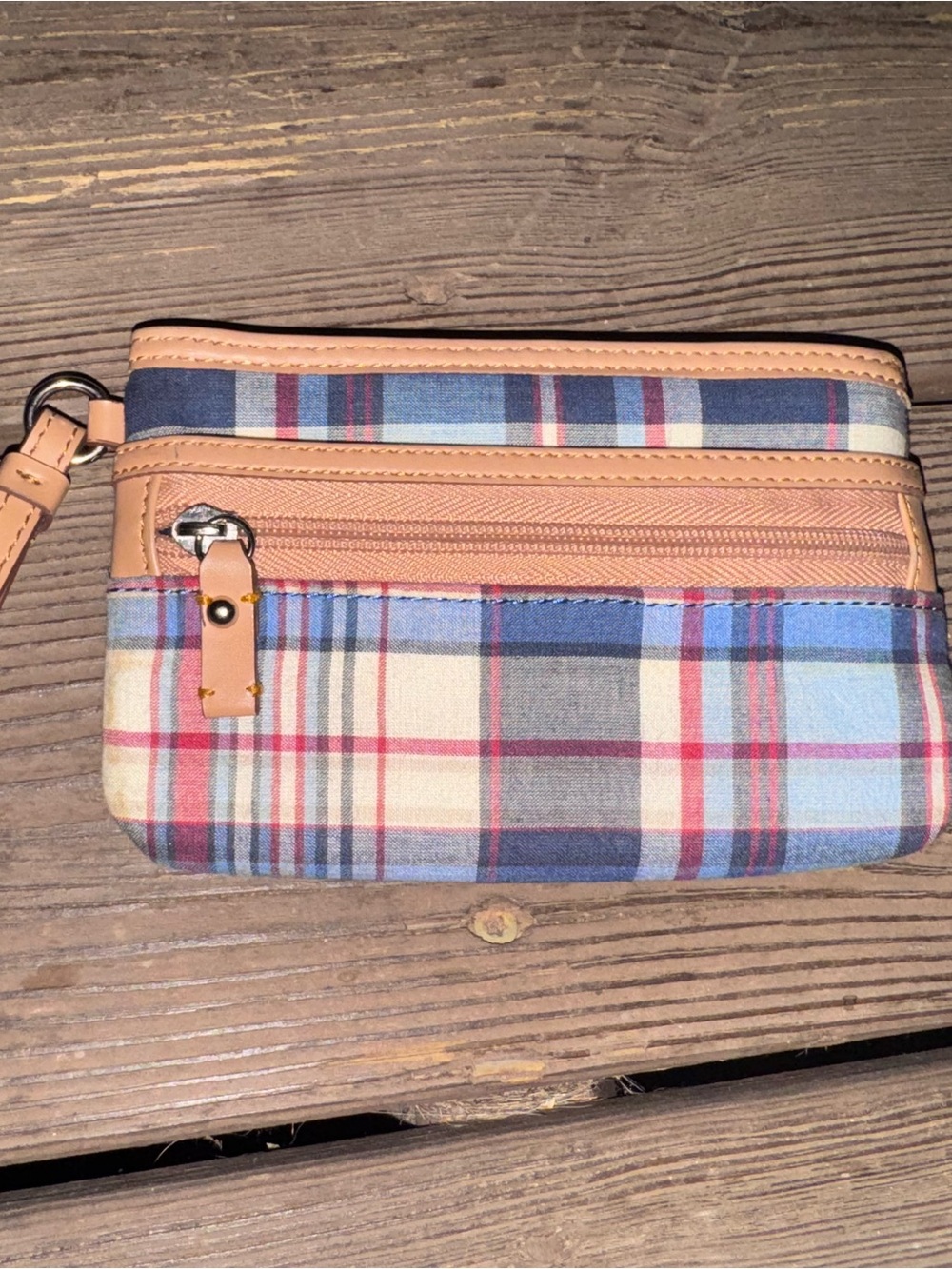 Tommy Hilfiger Plaid Wristlet Wallet Pouch Blue Pink Tan Zip Clutch